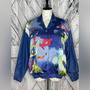 Vintage 80s Mureli Jacket 100% Silk Butterflies Moths Blue S
